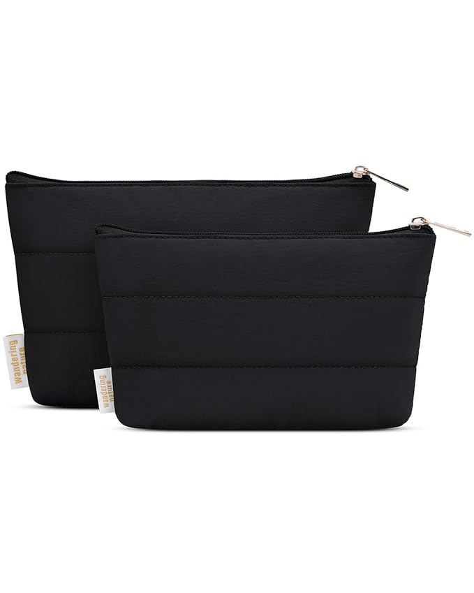 Wandering Nature Small Makeup Bag 2 Pack Cosmetic Bag for Purse, Puffer Quilted Makeup Pouch, Cute Travel Pouch with Zipper for Women, Black