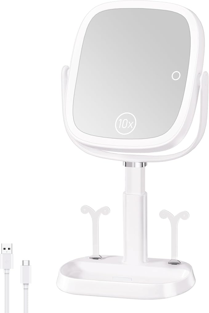Vanity Mirror with Lights, Rectangular Lighted Makeup Mirror with 3 Color Lights, 1X/10X Magnification, Adjustable Height, 360° Rotation, 4000mAh Rechargeable for Desk, Gifts for Women
