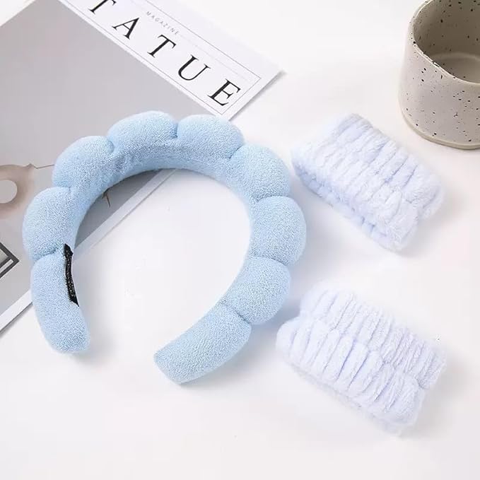 Spa Headband and Wristband Set for Women,Terry Cloth Sponge Headband for Washing Face,Makeup,Facial Mask and Skincare (Black,Blue, One Size)
