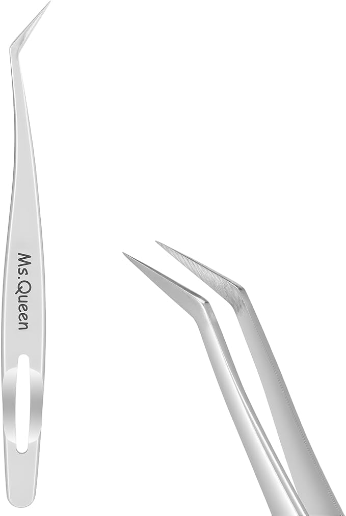 Ms.Queen Lash Tweezers for Lash Extensions,Professional 45 Degree Long Ultra-Firm tip Eyelash Tweezers for Isolation,Volume and Premade Fans Lashing