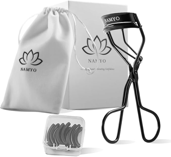 Premium Eyelash Curler Black Edition - Makeup Eyelash Tool with Lasting Lift. Holiday Gift Ready Packaging with Satin Bag. 10 Silicone Refill Pads. Travel Ready. Soft Grip.