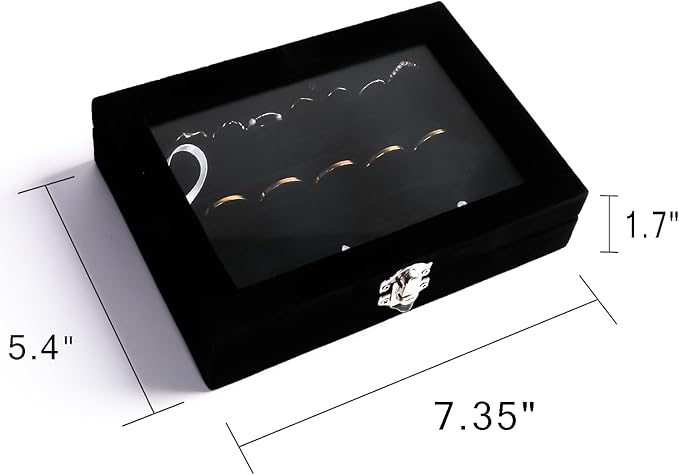 Frebeauty Rings/Earring Organizer Tray with Clear Lid,7 Slots Ring Box Velvet Ring Holder Drawer Insert Jewelry Storage Box Jewelry Display Case Jewelry Box Gift for Women and Girls(Black,7 Slots)
