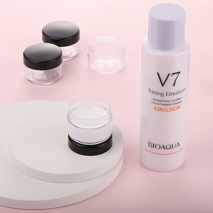 Refillable Cosmetic Sample Jars - 100 Pack 15g (0.5oz) Black Small Travel Containers with Lids + 10 Mini Makeup Spatulas - BPA Free