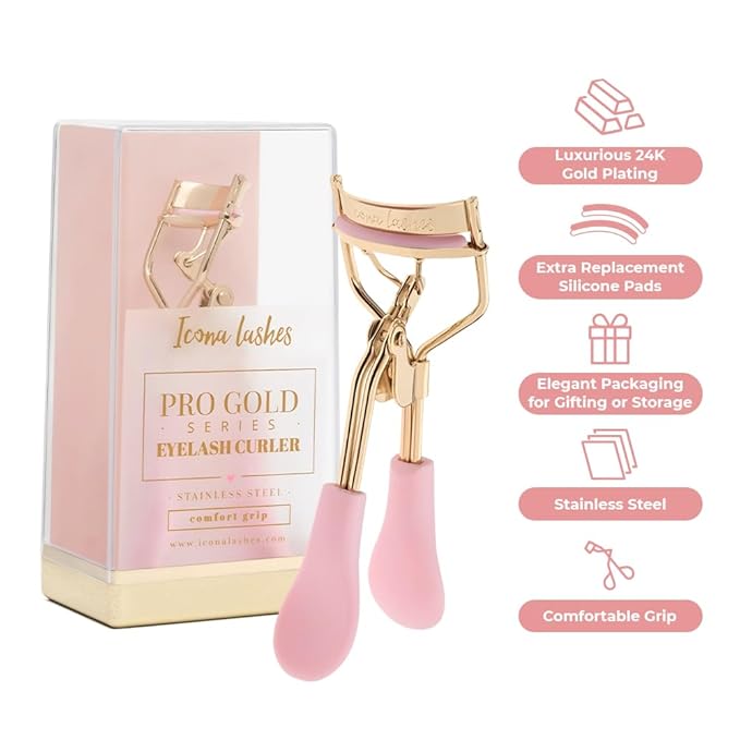 Icona Lashes Eyelash Curler - 24K Gold-Plated Stainless Steel Precision Eye Lash Curler for Lush, Luxurious Lashes - Silicone Eyelash Curler Pads, Ergonomic Cushioned Handles - with Replacement Pads