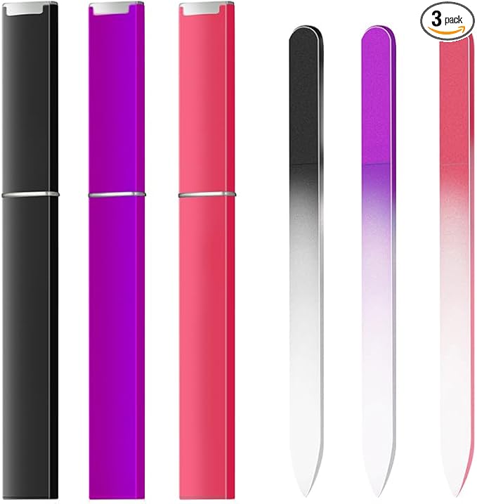 3 Pack Glass Nail Files for Natural Nail Professional Crystal Fingernail Files Double-Sided Etched Gentle Nail Care for Women Adults Purple,Black,Rose red