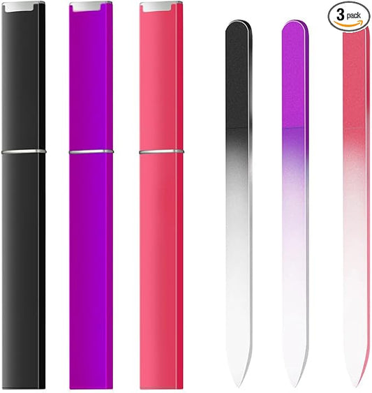 3 Pack Glass Nail Files for Natural Nail Professional Crystal Fingernail Files Double-Sided Etched Gentle Nail Care for Women Adults Purple,Black,Rose red