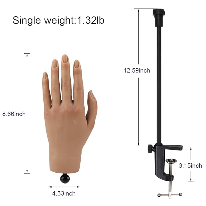 Nail Pratice Training Hand for Acrylic Nails with Stand Bracket,Soft Silicone Maniquin Hand, Flexible Bendable Nail Practice Fake Hand for Nails Art Practice Tool