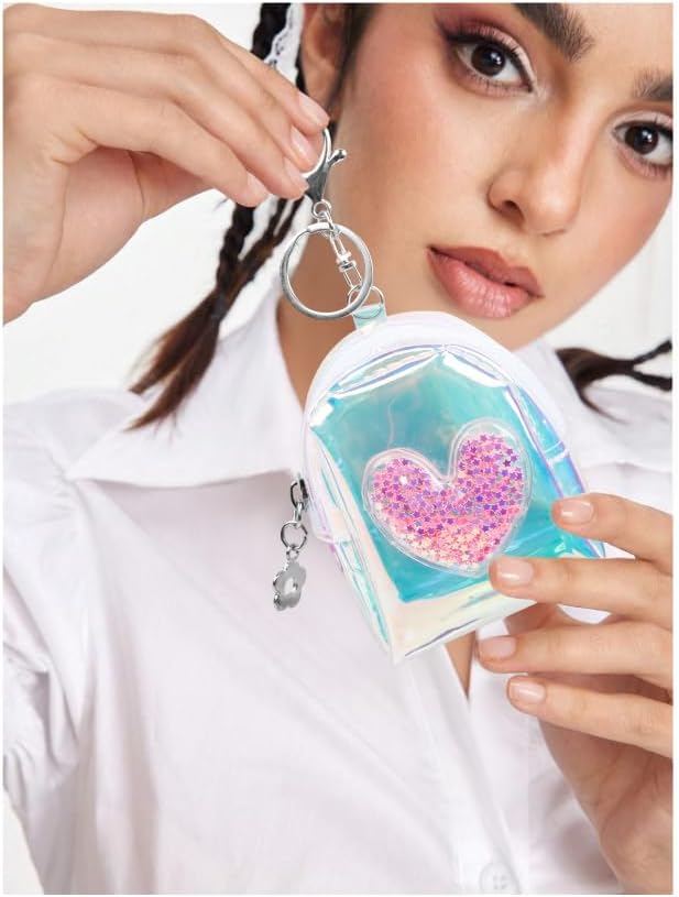 4Pcs Mini Backpack Keychain,Cute Cosmetic Bag for Women,TPU Clear Makeup Bag Key Pocket Lipstick Bag Card Holder Data Cable Organizer Zipper Pouch (Heart Shape)