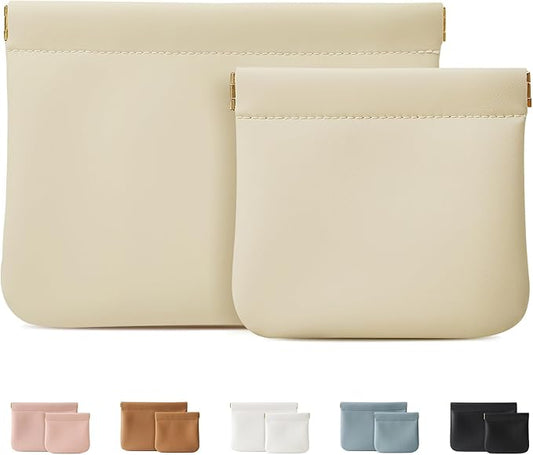 2 Pack Small Makeup Bag for Women, New Organosilicon Super Fiber Leather Mini Cosmetic Bag for Travel, Coin Purse Organizer Storage Pouch (Beige)
