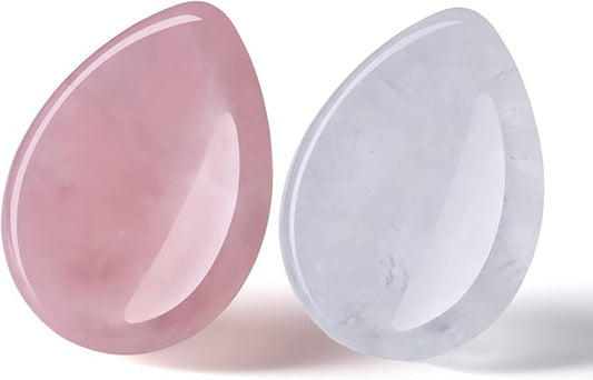2PCS Thumb Worry Stone Rose Quartz Clear Quartz Healing Crystals Sets Hand Carved Stones Gemstone Pocket Natural Stone Meditation Reiki Water Drop Shaped Palm Stone for Anxiety Therapy