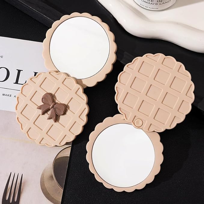 IEOSNGN Small Makeup Mirror,Round Mirrors for Women Girls,Perfect for Purse, Handbag, Touch-Ups, Everyday Use & Travel Essentials (Beige)