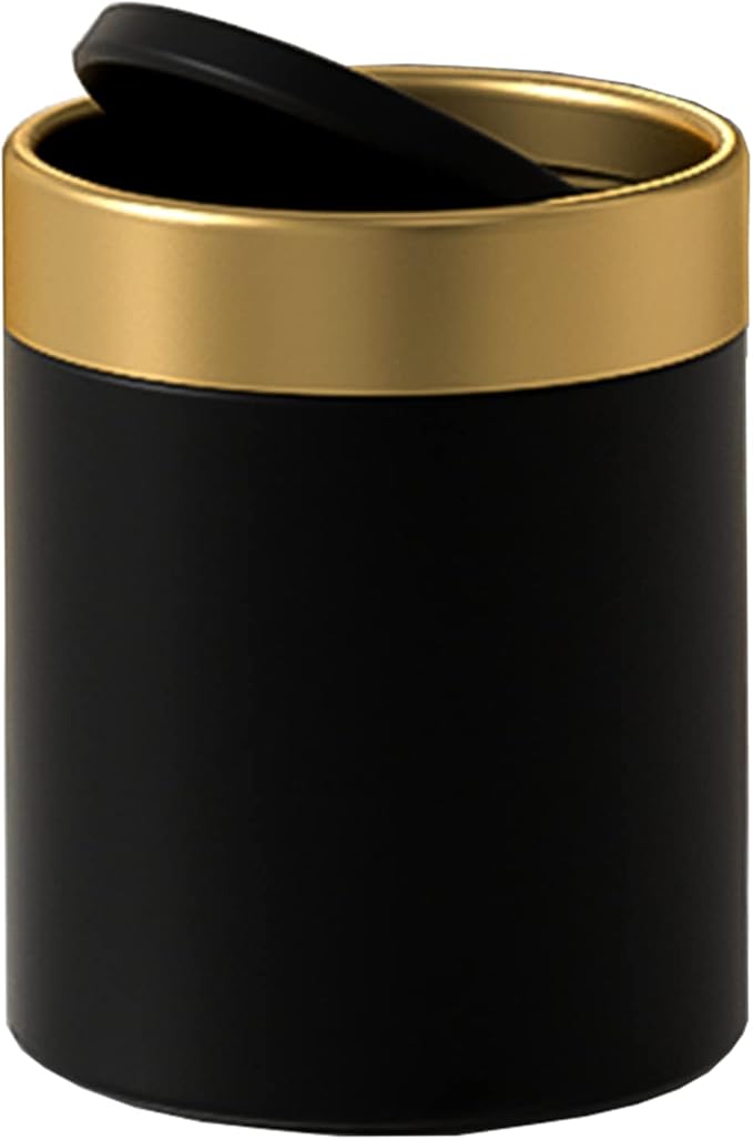 Mini Trash Can with Lid, 1.5 Liter / 0.4 Gallon Small Metal Desk Garbage Bin for Countertop, Coffee Bar, Vanity – Black