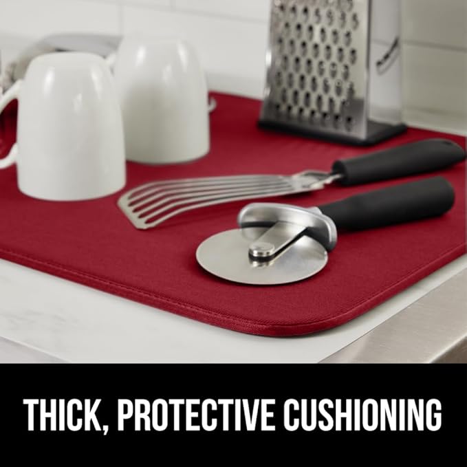 GORILLA GRIP Ultra Water Absorbent Microfiber Dish Drying Mat, 18x32, Quick Dry Thick Mesh, Slip Resistant Pad for Sink Dishes or Under Rack, Kitchen Counter Accessories, Machine Wash Mats, Red