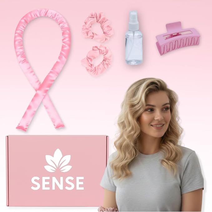 Satin Heatless Curling Kit, 39" Rod – No Heat Overnight Curls for Frizz-Free Waves – Comfortable Set w/ 2 Scrunchies, Claw Clip for All Hair Types (Pink)