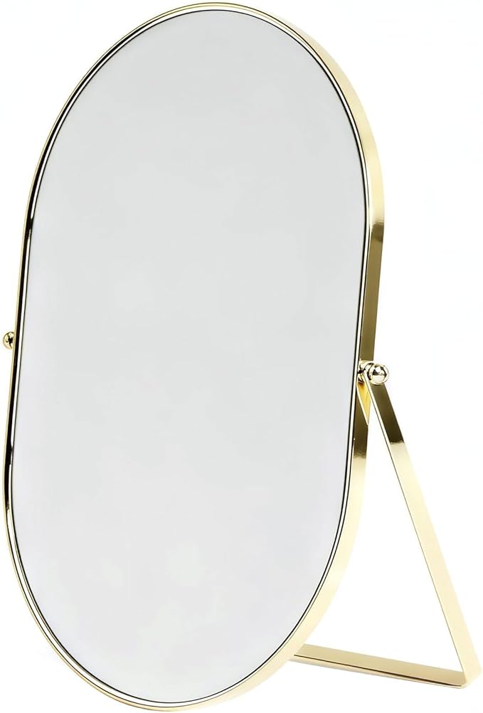 Feyarl Champagne Gold Oval Vanity Mirror 12x8 Inch Vertical Tabletop Makeup Mirror Decorative Standing Cosmetic Mirror for Bedroom Bathroom Desk Dresser