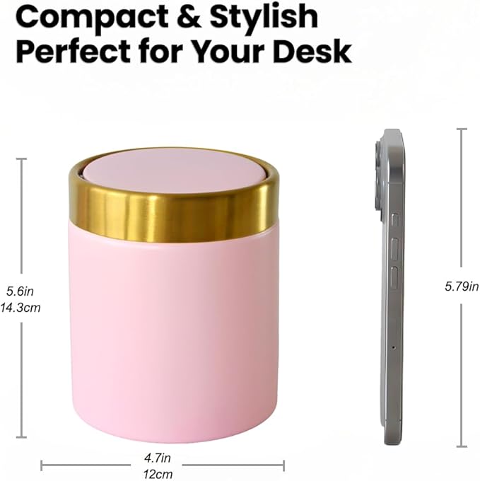 Mini Trash Can with Lid, 1.5 Liter / 0.4 Gallon Small Metal Desk Garbage Bin for Countertop, Coffee Bar, Vanity – Pink