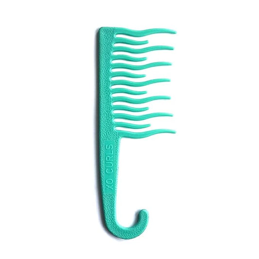 XO Curls Shower Detangling Comb - wide tooth comb with hook for easy hanging in shower, removes knots and tangles gently