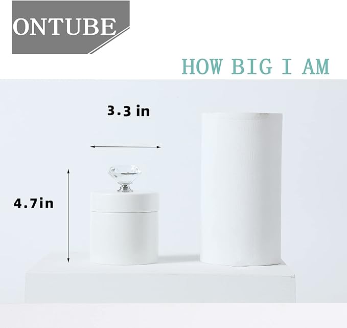 ONTUBE Porcelain Cotton Swabs Holder Organizer with Crystal Lid and Easy to Clean, White (Silver Lid, Set of 2)