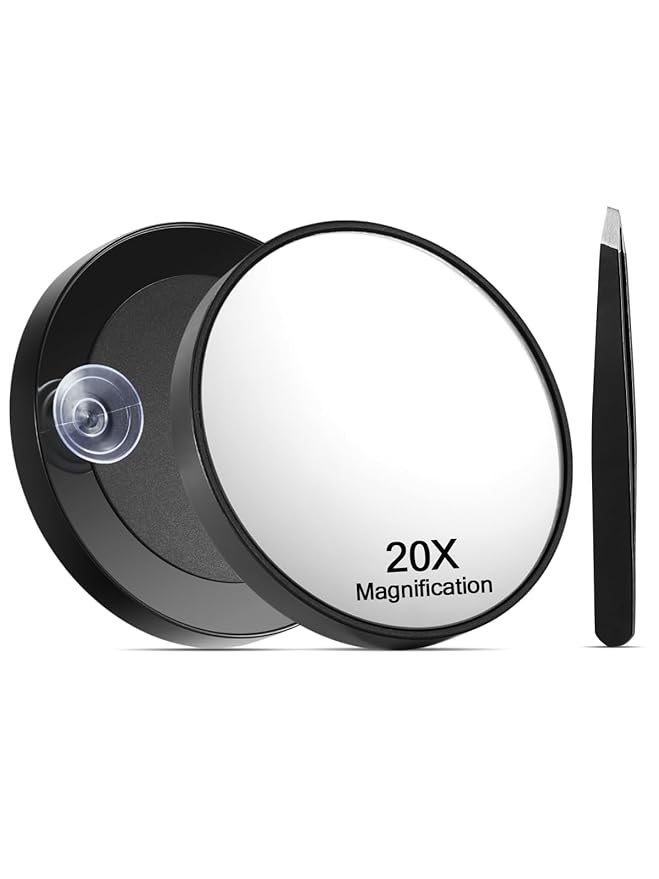 20X Magnifying Mirror with Suction Cups and Tweezers Set, 3.5 inches Magnified Makeup Mirror, Black, 1PC