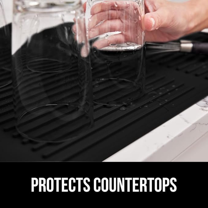GORILLA GRIP 100% BPA-Free Patented Silicone Dish Drying Mat for Kitchen Counter, Water Catching Ribbed Design, Easy Clean Waterproof Sink Liner, Heat Resistant, Fits Under Rack, 12x16 Inch, Black