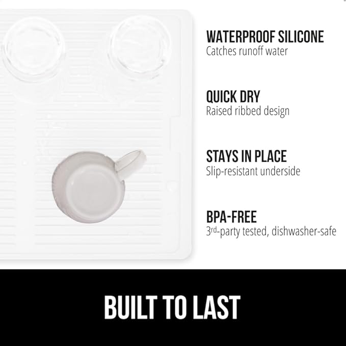 GORILLA GRIP 100% BPA-Free Patented Silicone Dish Drying Mat for Kitchen Counter, Water Catching Ribbed Design, Easy Clean Waterproof Sink Liner, Heat Resistant, Fits Under Rack, 11x13 Inch, White