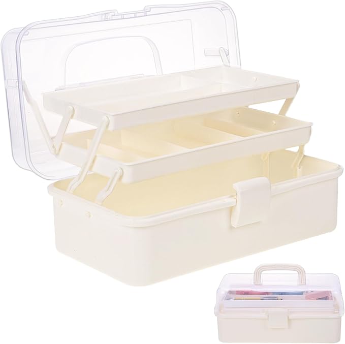 OUTUXED 12.5inch 3-Layer Multipurpose Craft Organizers, Portable Folding Toolbox, Plastic Tool Box with Handle for Sewing Supplies, Medicine, Art Supplies, Nails and Hair Accessories(White)