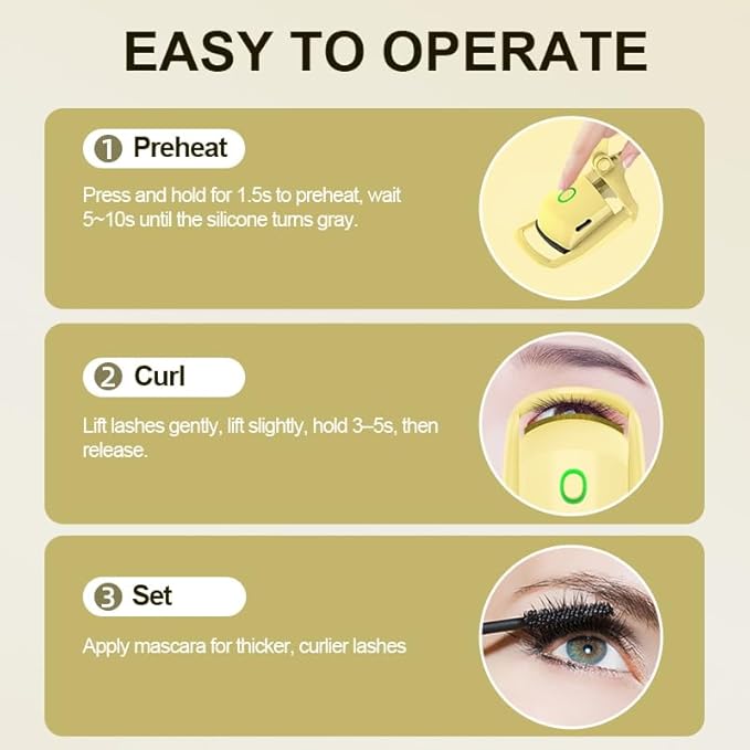 Heated Eyelash Curler, Fast 5s Heat up, 24 Hours Long Lasting, Rechargeable Electric Lash Curler, Temperature Control, Safe Anti-Burn Eye Lash Curler, Quick Natural Curling Lashes