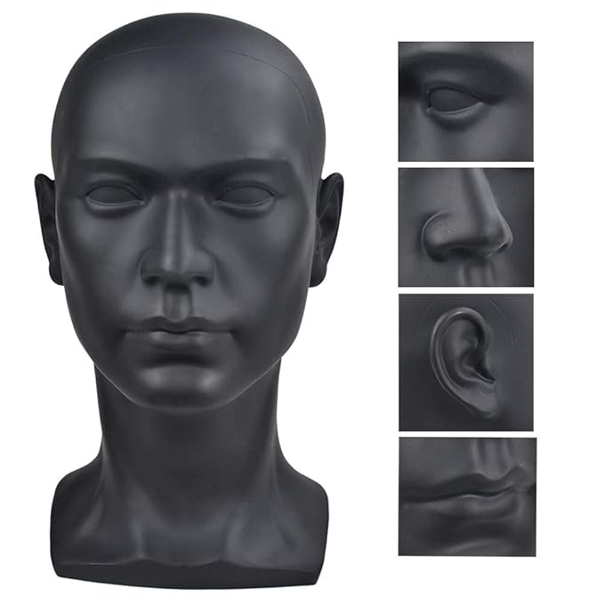 PVC Matte Black Mannequin Head Professional Beauty Male Mannequin Head for Display Wig Hair Glasses Hat Headphone Display Stand (L30-Matte Black)