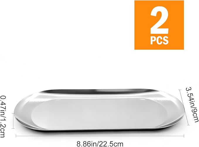 2 Pcs Modern Silver Stainless Steel Oval Decorative Trays, 8.7"L x 2.4"W x 0.4"H, Cosmetic & Jewelry Organizer, Mirror-Polished Finish, 2 Pack