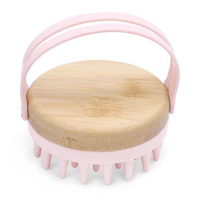 Bamboo Silicone Scalp Brush for Hair Washing – Gentle Shampoo Massager with Soft Bristles for Dandruff & Oil Care, Eco-Friendly Head Scrubber Comb for Deep Clean & Relaxing Shower (Pink)