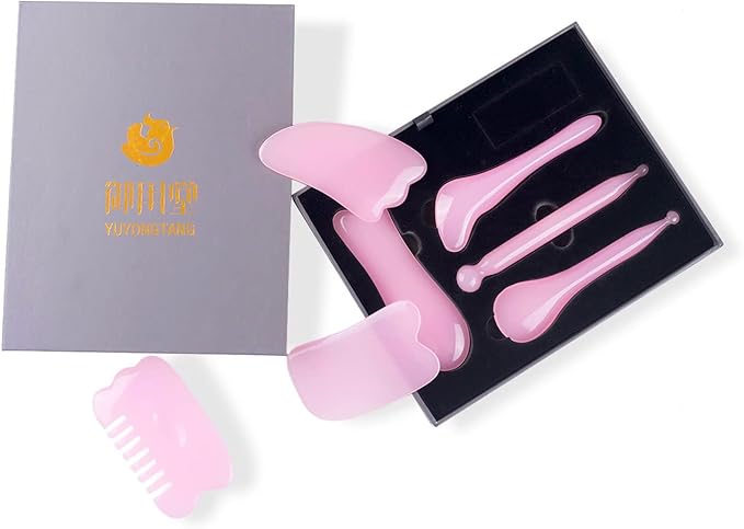 YUYONGTANG 7 Pieces Gua Sha Scraping Massage Tool,Natural Resin GuaSha Tool Massage Tools Set for Face Back and Neck Release,Reduce Muscle Pain,with Storage Bag (Pink)