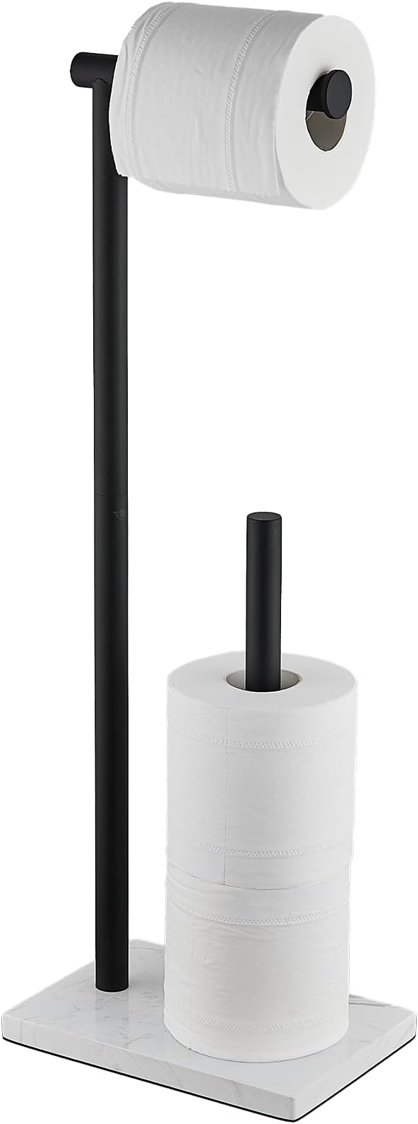 Hoooh Free Standing Toilet Paper Holder Stand with Reserve - Heavyweight Marble Base & Matte Black Stainless Steel Bathroom Tissue Roll Holder
