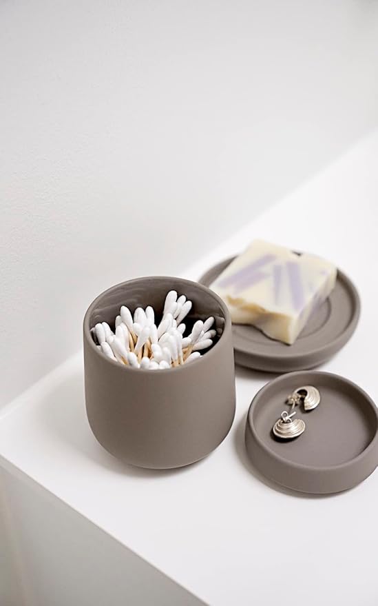 ZONE DENMARK Nova One Ceramic Storage Box with Lid for Bathroom Utensils such as Cotton Pads & Cotton Buds Diameter 3.3", Height 3.39", Capacity 290 ml, Black