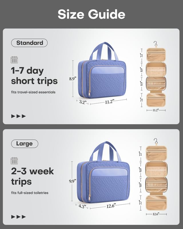 HOTOR Travel Toiletry Bag for Women & Men, Waterproof Makeup Bag with Hanging Hook and Multiple Pockets, Cosmetic Bags for Women, Travel Essentials, 11.2'' x 3.2'' x 8.9'', Aegean-Blue