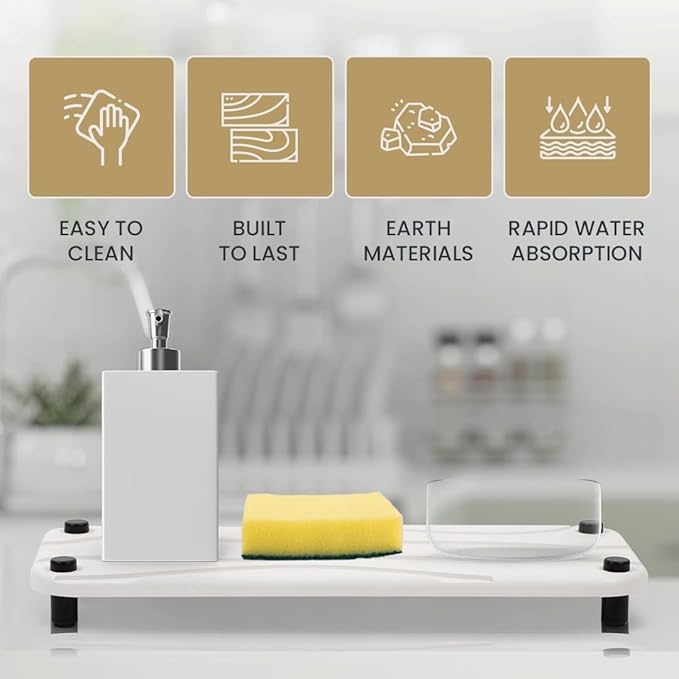 2pc Stone Drying Tray - Diatomite Sink Caddy Kitchen Sink Organizer - Water Absorbing Bathroom Counter Mat - Absorbent Kitchen Soap Tray (White)