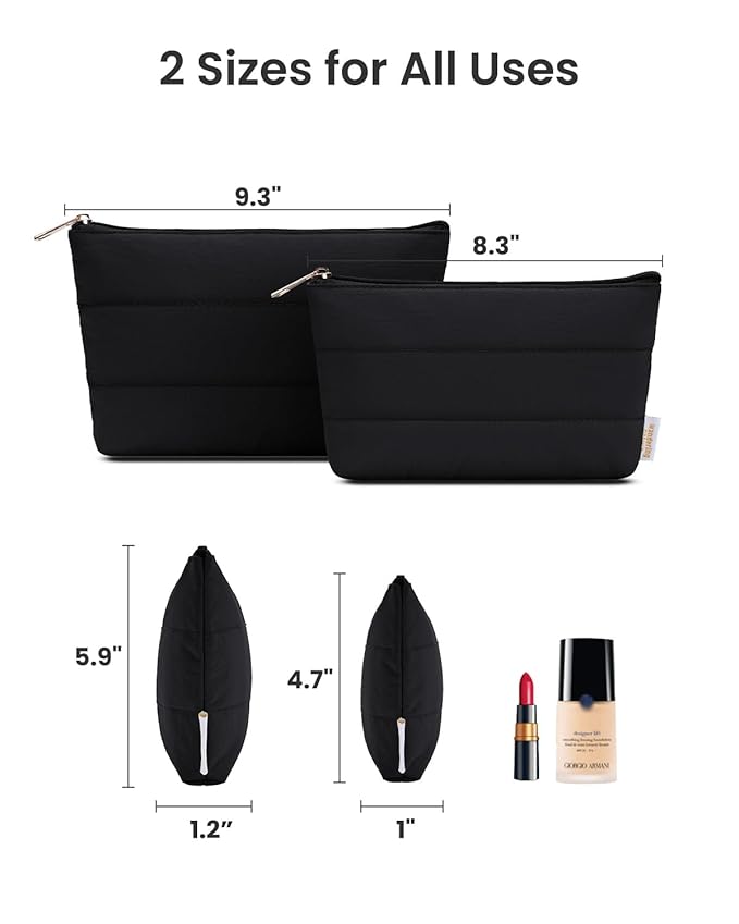 Wandering Nature Small Makeup Bag 2 Pack Cosmetic Bag for Purse, Puffer Quilted Makeup Pouch, Cute Travel Pouch with Zipper for Women, Black