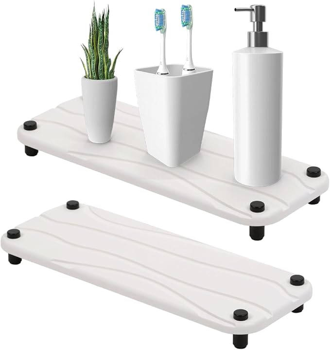 2pc Stone Drying Tray - Diatomite Sink Caddy Kitchen Sink Organizer - Water Absorbing Bathroom Counter Mat - Absorbent Kitchen Soap Tray (White)