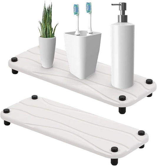 2pc Stone Drying Tray - Diatomite Sink Caddy Kitchen Sink Organizer - Water Absorbing Bathroom Counter Mat - Absorbent Kitchen Soap Tray (White)