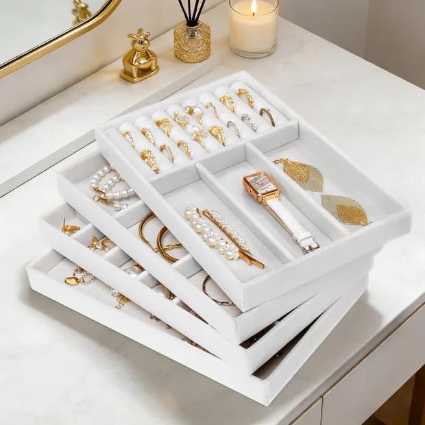 Cirhy 4 Stackable Jewelry Organizer Trays for Drawer, White Velvet Jewelry Drawer Inserts for Necklaces Rings Earrings & Bracelets, Elegant Jewelry Storage Tray & Display Case, Gift for Women