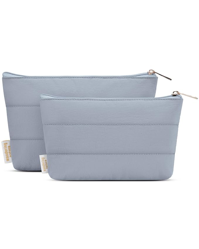 Wandering Nature Small Makeup Bag 2 Pack Cosmetic Bag for Purse, Puffer Quilted Makeup Pouch, Cute Travel Pouch with Zipper for Women, Gray Blue