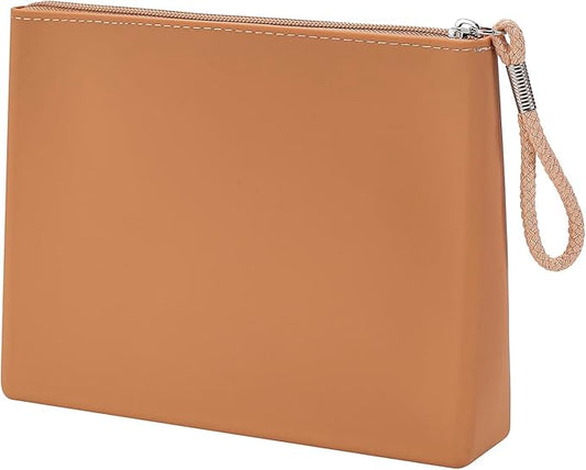 Silicone Makeup Bag for Purse Zipper Cosmetic Pouch Makeup Brush Holder Large Makeup Organizer Silicone Travel Pouch for Women (Light Brown)
