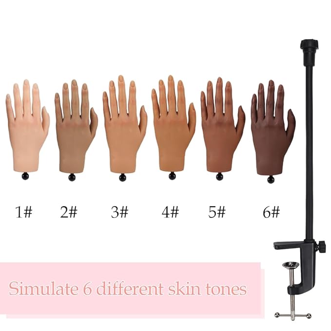 Nail Pratice Training Hand for Acrylic Nails with Stand Bracket,Soft Silicone Maniquin Hand, Flexible Bendable Nail Practice Fake Hand for Nails Art Practice Tool