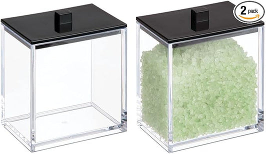 mDesign Plastic Rectangle Apothecary Canister - Organizer for Bathroom Vanity Countertop Shelf Decor - Holds Cotton Swabs, Soap, Makeup, Bath Salts - Lumiere Collection - 2 Pack - Clear/Black