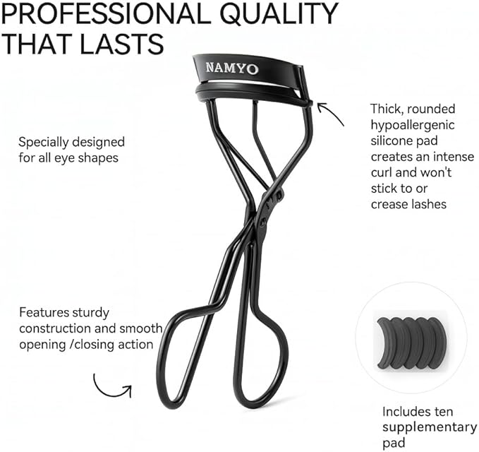 Premium Eyelash Curler Black Edition - Makeup Eyelash Tool with Lasting Lift. Holiday Gift Ready Packaging with Satin Bag. 10 Silicone Refill Pads. Travel Ready. Soft Grip.