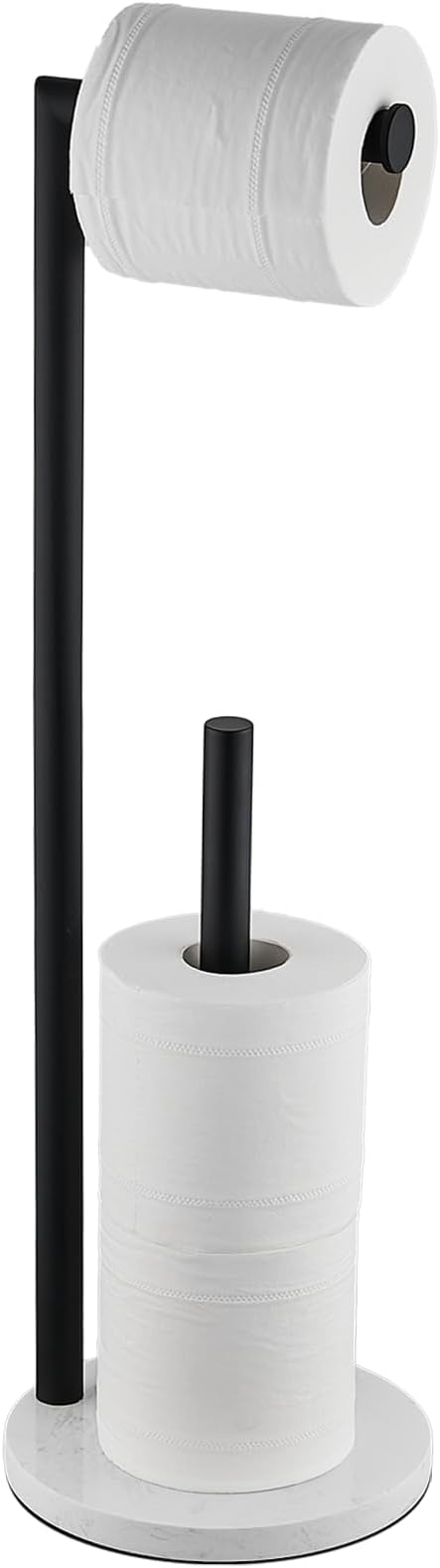 Hoooh Free Standing Toilet Paper Holder with Reserve - Heavyweight Marble Base & Matte Black Stainless Steel Bathroom Tissue Stand