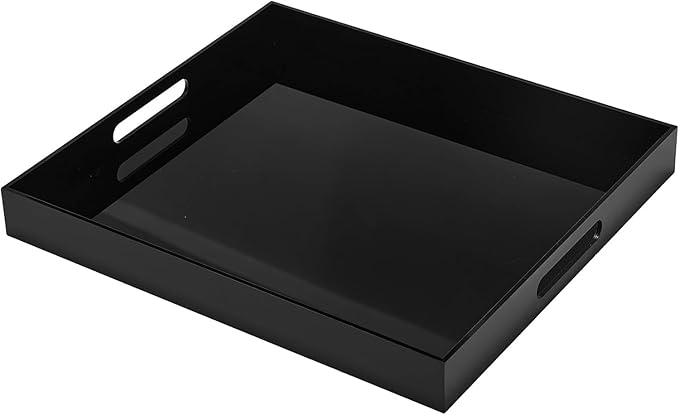Black Acrylic Serving Tray 20x16 with Cut Handles - Spill Proof Acrylic Decorative Tray Organiser for Ottoman Coffee Table Countertop