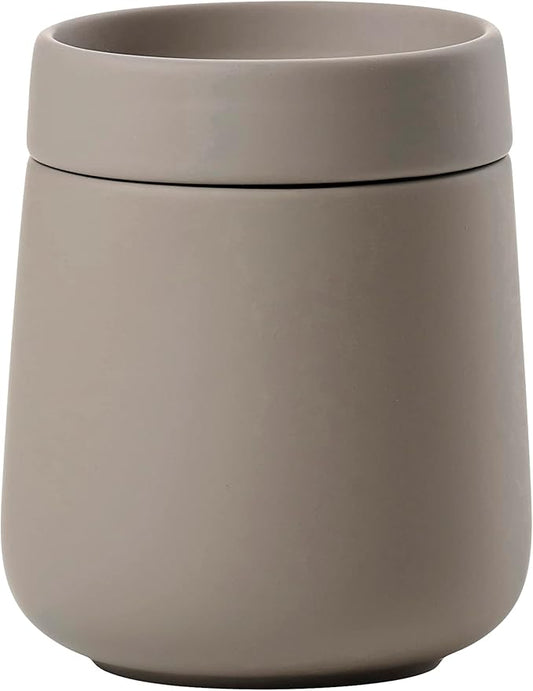 Zone Denmark Nova One Ceramic Storage Box with Lid for Bathroom Utensils Such as Cotton Pads & Cotton Buds Diameter 3.3", Height 3.39", Capacity 290 ml,Taupe