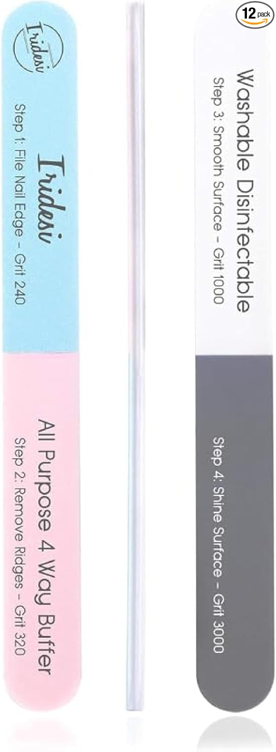 Iridesi 4 Way Finger Nail File and Buffer, Emery Boards for Natural Nails, 4 Fingernail Files in 1, Professional Filer Board and Shiners, 7 Inches Long, Salon Supplies Buffers Shine Kit, 12 Pack
