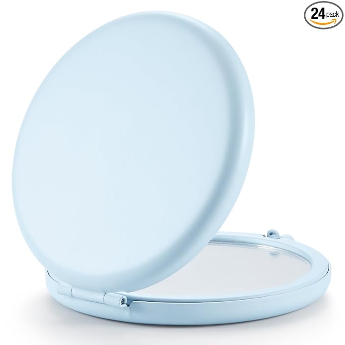 Compact Mirror for Purse, Pack of 24 Double-Sided 1X/2X Magnifying Metal Pocket Makeup Mirrors(Round, Light Blue)