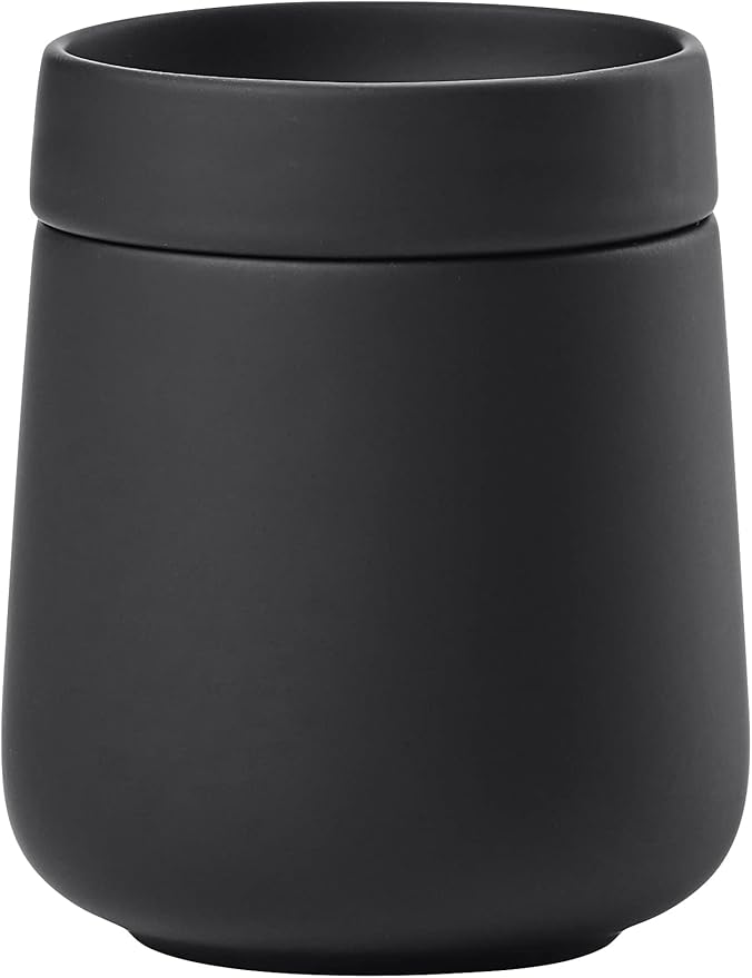 ZONE DENMARK Nova One Ceramic Storage Box with Lid for Bathroom Utensils such as Cotton Pads & Cotton Buds Diameter 3.3", Height 3.39", Capacity 290 ml, Black